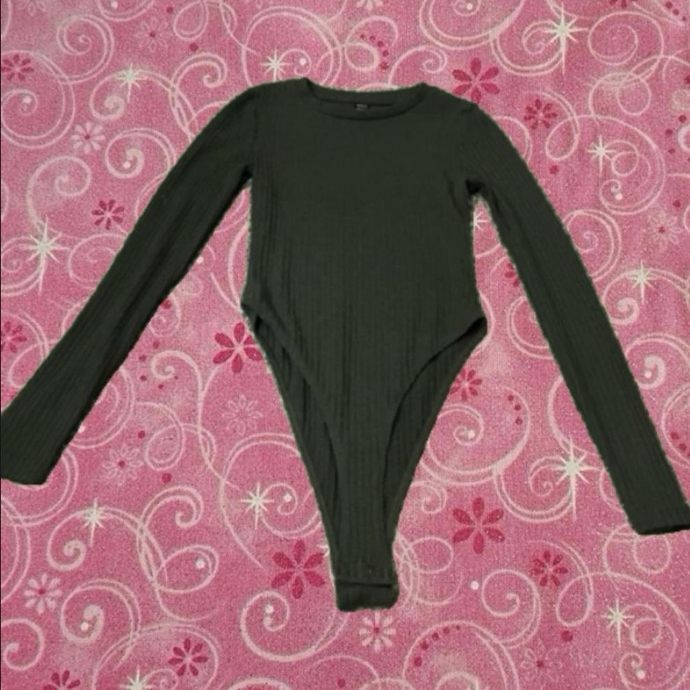 SHEIN Dark Green Ribbed Long Sleeve Bodysuit